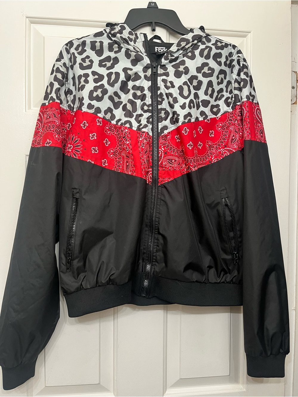 Black & Red Mixed-Print Hooded Jacket